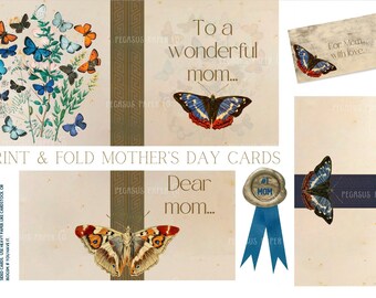 Dear Mom Blue Butterflies Card and Envelope Print and Fold A4 paper pack - for pen pals mail art junk journal decorations Happy Mothers Day