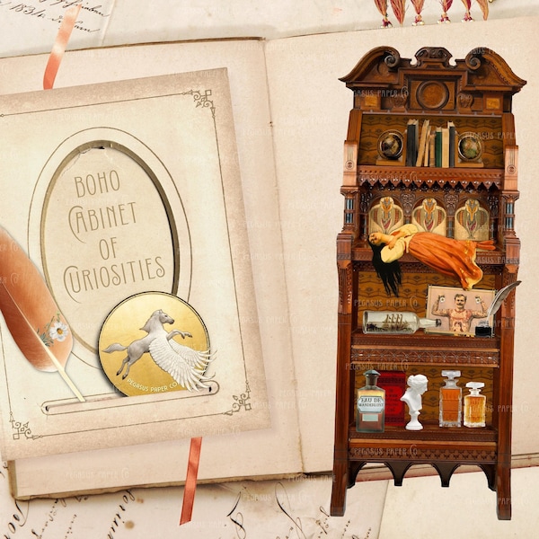 Boho Cabinet of Curiosities, Junk JOURNAL FURNITURE Kit, Mini Craft Kit with Flower Ephemera, Printable Vintage Miniature Digital Download