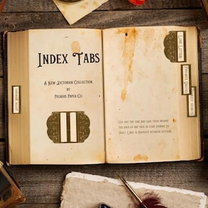 May include: A vintage book with the title "Index Tabs: A New Victorian Collection by Pegasus Paper Co."  The book is open to a page with instructions on how to use the tabs. The tabs are labeled "Love Letters", "Favorite Quotes", and "Darkest Secrets".