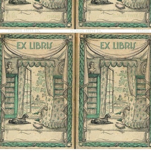 Ex Libris printable of a person reading in an armchair with a puppy & green socks in their library - Digital Download Bookplate