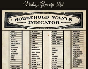 Household Wants Indicator a Victorian Shopping List Printable Grocery List Planner for Fridge Vintage Style like the Downton Abbey Kitchen