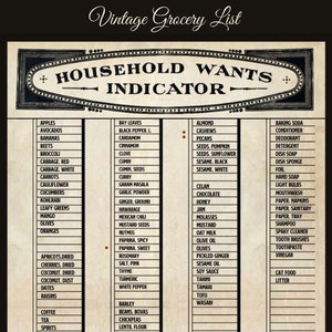 Household Wants Indicator a Victorian Shopping List Printable Grocery List Planner for Fridge Vintage Style like the Downton Abbey Kitchen image 1