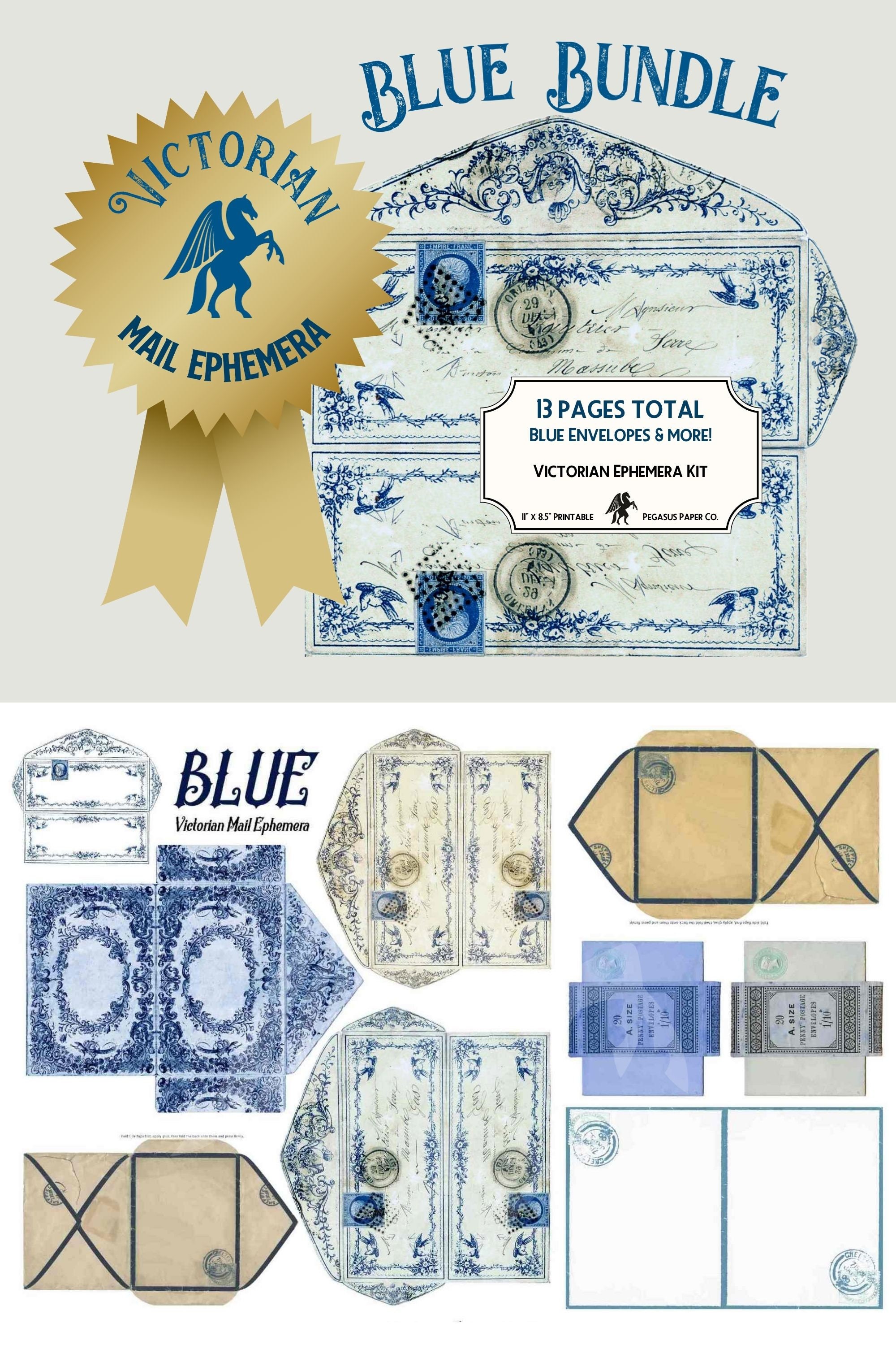 Printable Envelopes BLUE and White Shabby Chic Vintage Mail Ephemera ...