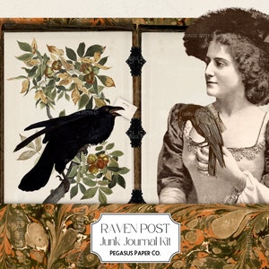 Junk Journal Kit Printable RAVEN POST with ephemera gift cards and envelopes for happy mail and journaling page spreads