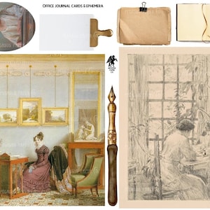 VINTAGE BÜRO Schreibtisch Junk Journal Collage Ephemera Pack 15 Seiten Schneidetaschen Postkarten Journaling Karten Quills Stifte und mehr
