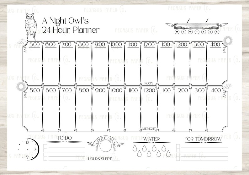 Daily Planner A Night Owl's 24 Hour Planner printable JPG PNG A4 horizontal and vertical with Low Ink junk journal page spread image 4