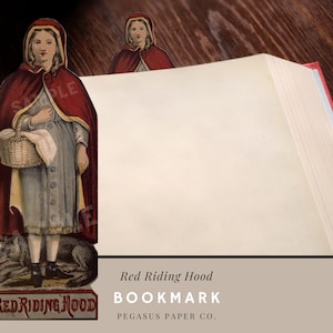 May include: A Red Riding Hood bookmark featuring a vintage illustration of the character in a red cape, holding a basket. The bookmark is placed in a book with a red spine. Text on the bookmark reads "Red Riding Hood" and "Bookmark".