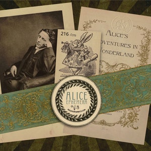 Alice In Wonderland Printable Journal Ephemera Kit 3, vintage book page illustrations, digital collage elements white rabbit Cheshire cat