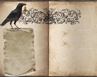 Black Raven 3 Gothic Junk Journal Pages - shabby Victorian witchy grimoire BOS spellbook pages A4 - printable vintage witch journals