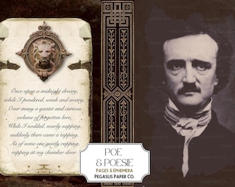 May include: A vintage-style illustration of Edgar Allan Poe with a quote from his poem "The Raven" on a background of dark brown and gold. The text reads "Once upon a midnight dreary, while I pondered, weak and weary, Over many a quaint and curious volume of forgotten lore, While I nodded, nearly napping, suddenly there came a tapping, As of some one gently rapping, rapping at my chamber door." The image also includes the text "POE & POESIE PAGES & EPHEMERA PEGASUS PAPER CO."