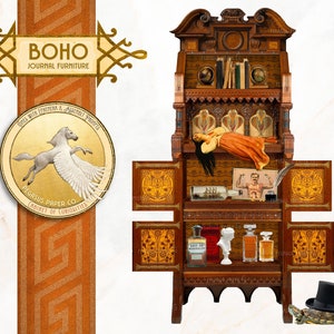 May include: A wooden cabinet with a carved design and a gold trim. The cabinet has two doors that are open, revealing shelves with various items, including bottles, a statue, and a book. The top of the cabinet has a shelf with books and a globe. The cabinet is decorated with a gold and orange pattern. The text "BOHO JOURNAL FURNITURE" is visible on the top of the cabinet.