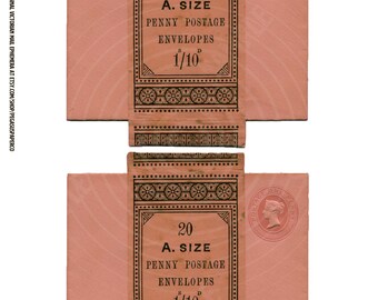 Peut inclure: Un paquet vintage de 20 enveloppes de Penny Postage de taille A, imprimé en encre noire sur un fond de papier rose. Le paquet est plié en deux et montre l'avant et l'arrière du paquet. Le texte sur le paquet indique "20 A. Size Penny Postage Envelopes 1/10".