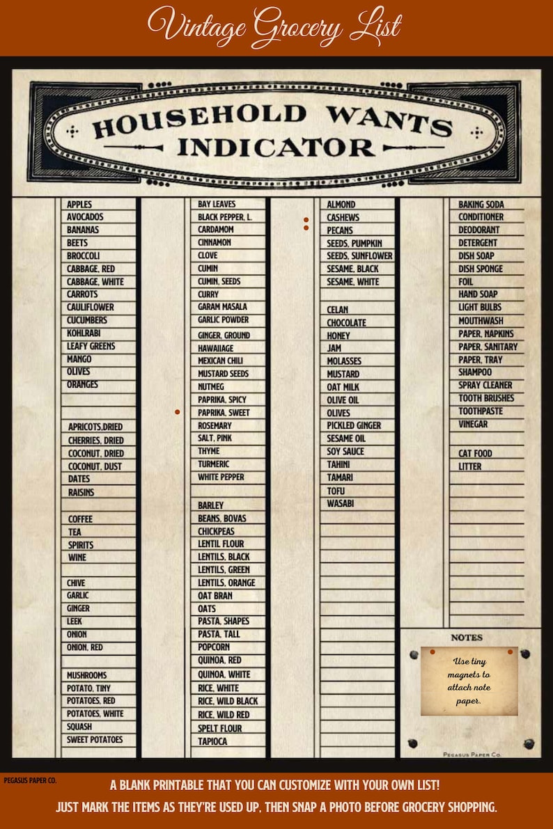 Household Wants Indicator a Victorian Shopping List Printable Grocery List Planner for Fridge Vintage Style like the Downton Abbey Kitchen image 5