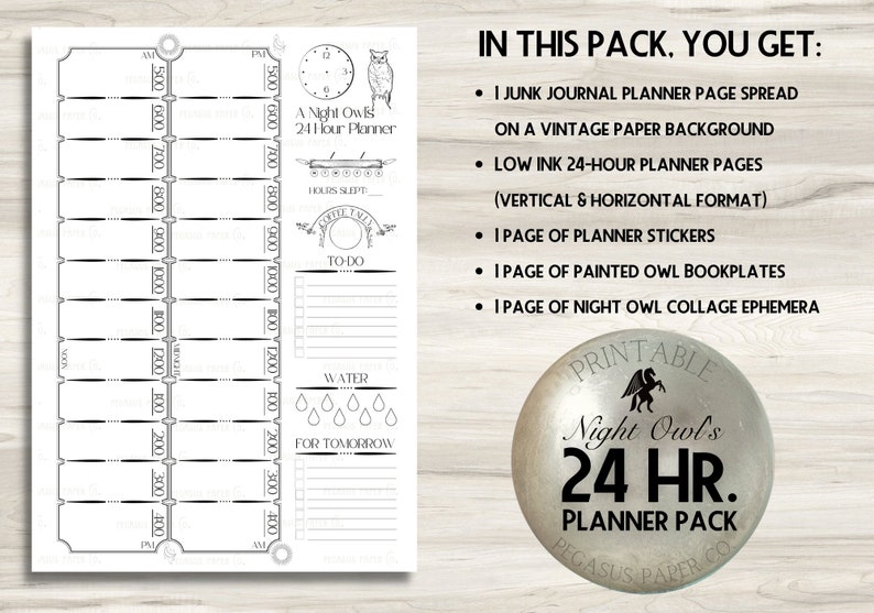 Daily Planner A Night Owl's 24 Hour Planner printable JPG PNG A4 horizontal and vertical with Low Ink junk journal page spread image 2