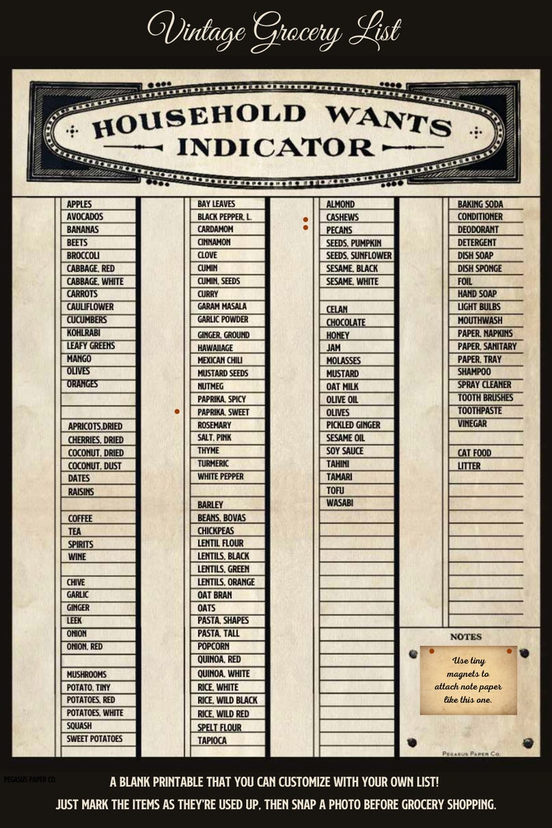 Household Wants Indicator a Victorian Shopping List Printable Grocery List Planner for Fridge Vintage Style like the Downton Abbey Kitchen image 1