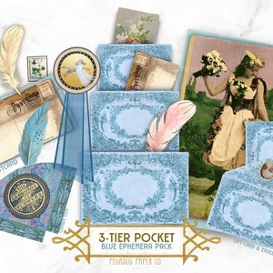 Blue Junk Journal Pocket Kit: 3-Tier Ephemera (Digital Download)