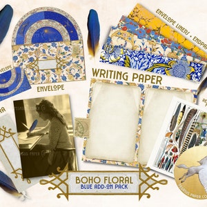 Kit de journal floral bohème : éphémères bleus et dorés (téléchargement numérique)