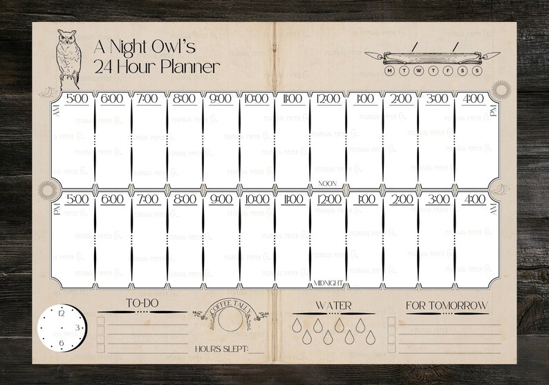 Daily Planner A Night Owl's 24 Hour Planner printable JPG PNG A4 horizontal and vertical with Low Ink junk journal page spread image 8