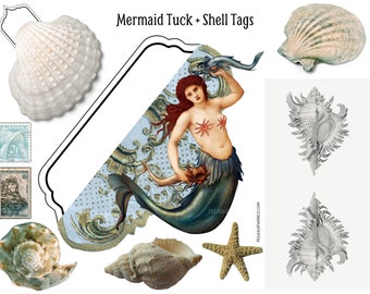 MERMAID Junk Journal Add-on Pack - Printable Images For Decoupage Scrapbooking - Printable shells and mermaids for papercraft collage