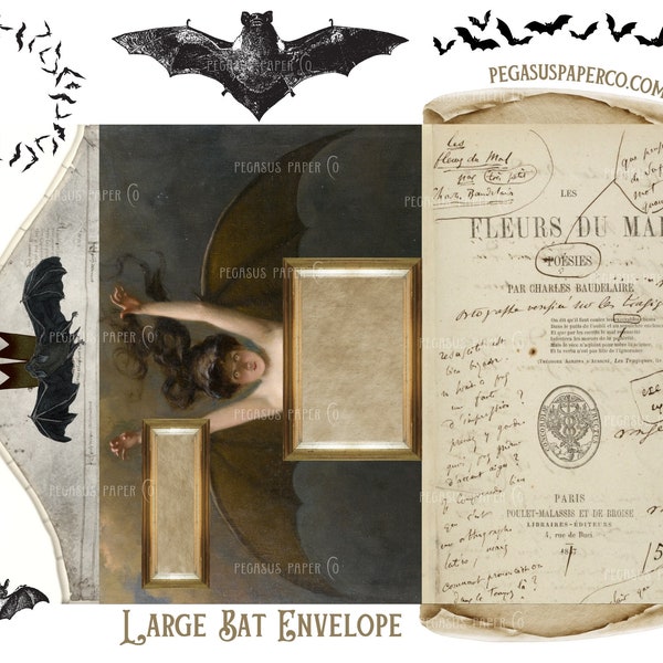 BAT WOMAN Print and Fold Envelope - Victorian Ephemera for pen pals mail art junk journal decorations