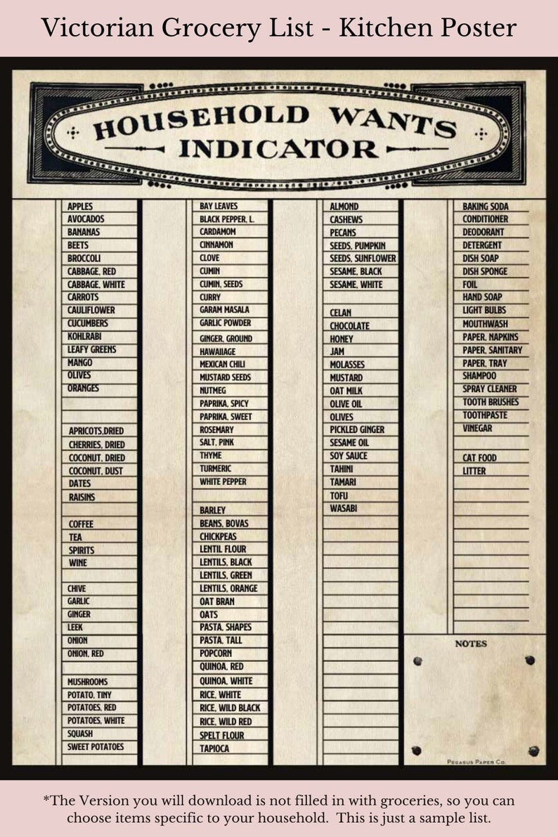 Household Wants Indicator a Victorian Shopping List Printable Grocery List Planner for Fridge Vintage Style like the Downton Abbey Kitchen image 2