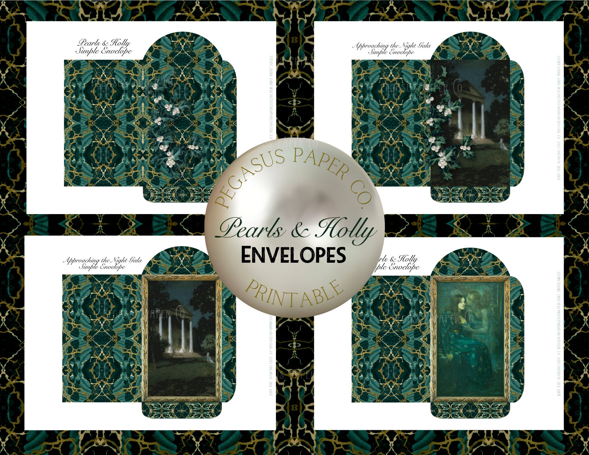 Pearl and Holly Cards and Envelopes Printable, Scrapbooking Digital Download, Christmas Junk Journal, Blue Green Gift DIY Card Kit