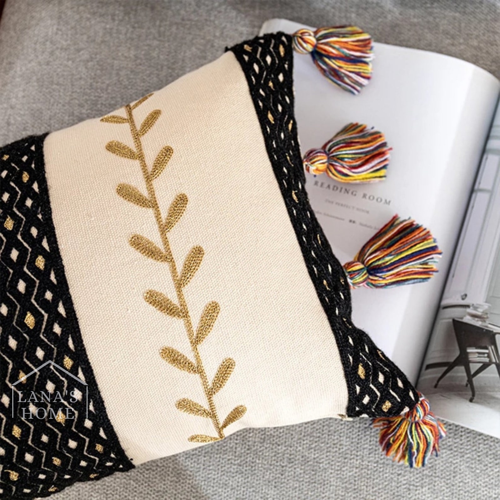 Home Decor Cushion Cover Black Ivory Embroidered Throw Pillow Etsy