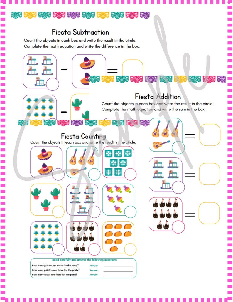 Fiesta Math Worksheets – Counting, Addition & Subtraction (up to 15 ...