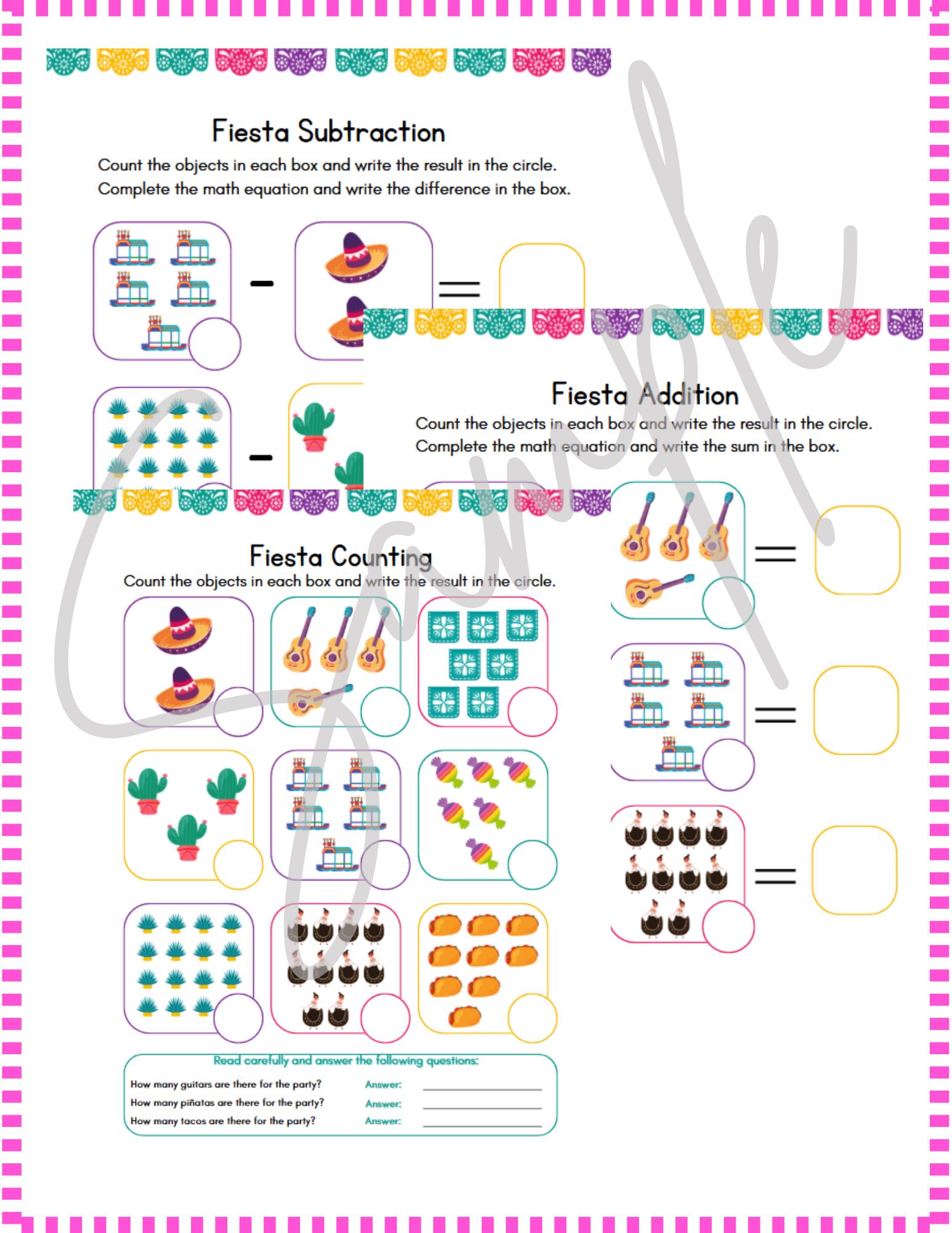 Fiesta Math Worksheets – Counting, Addition & Subtraction (up to 15 ...