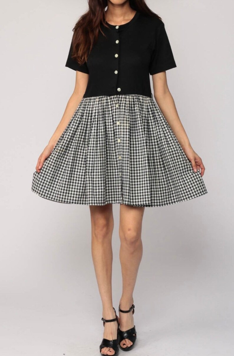 Vintage Gingham Babydoll Dress Black & White 80s Button up Etsy
