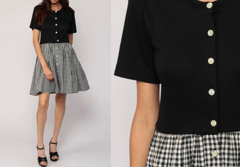 Vintage Gingham Babydoll Dress Black & White 80s Button up Etsy