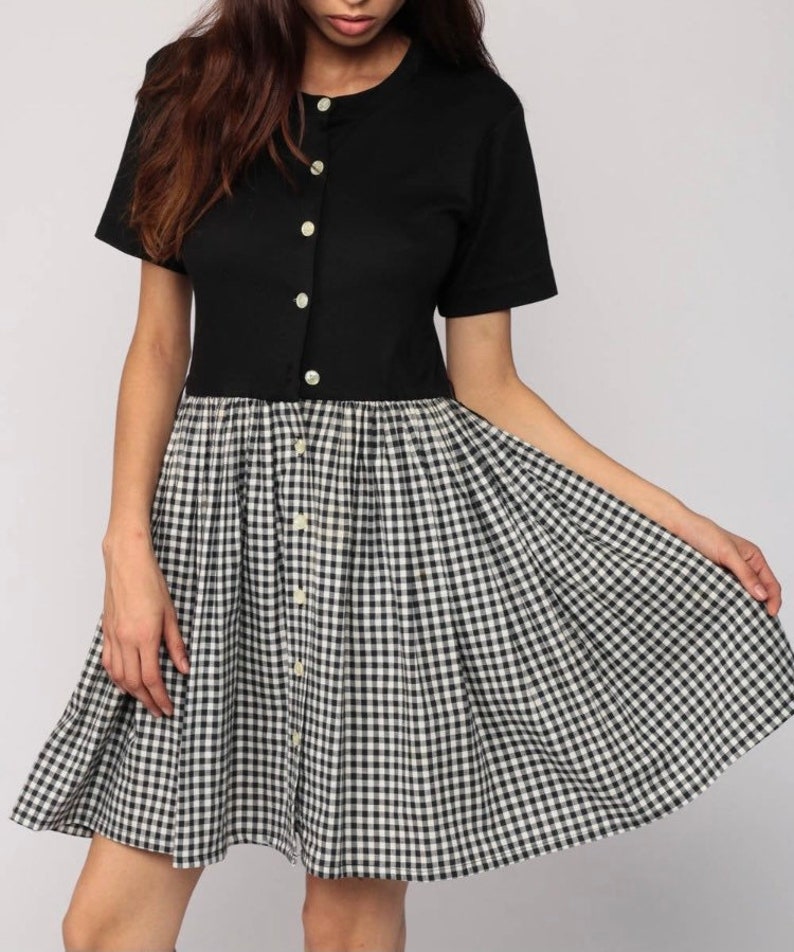 Vintage Gingham Babydoll Dress Black & White 80s Button up Etsy