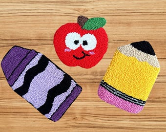 Punch Needle Coasters: Teacher Appreciation Gift, Apple Pencil Crayon