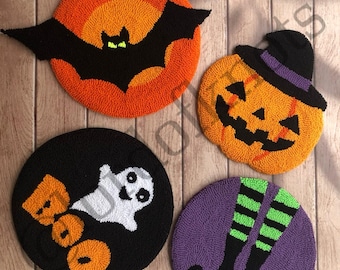 Punch Needle Halloween Wall Hanging, Fall Door Hanger, Spooky Decor, Trick or Treat, Bat, Witch, Pumpkin