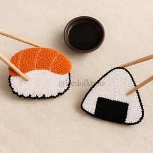 Set of 2 Handmade Punch Needle Sushi Coasters | Onigiri & Maki Roll Mug Rug