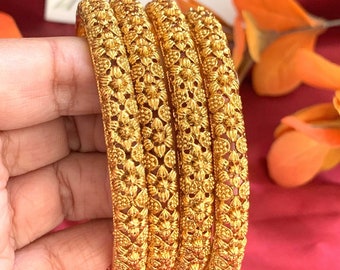 Nysaa Indian bangles, Gold plated bangles, flower motif gold plated , lightweight bangles, yellow bangles, trendy bangles, set of 4 bangles