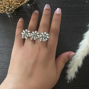 Two finger Oxidised statement rings |Oxidized Silver Ring | Dual tone trendy Oxidised rings | Flowers , daisy or circle rings