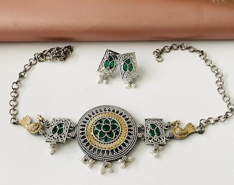 Oxidized Choker Necklace & Earrings Set: Indian Style Jewelry