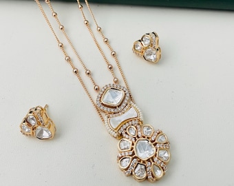 Nysaa gold plated kundan CZ  layered set | CZ kundan gold plated pendant necklace set | Pink Green or Purple long kundan pendant necklace