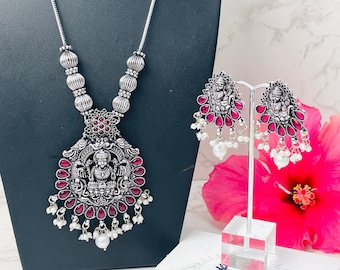 Oxidized Kemp Stone Necklace Set: Lakshmi Temple Jewelry