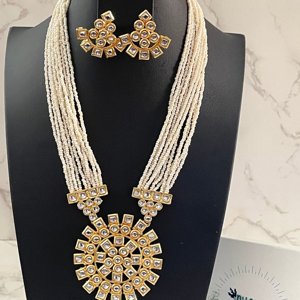 Long Pearl gold plated necklace | Kundan Pearl necklace set