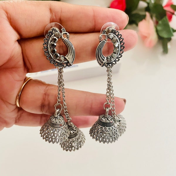 Peacock Oxidised earrings | high quality Oxidised earrings with grey stone details