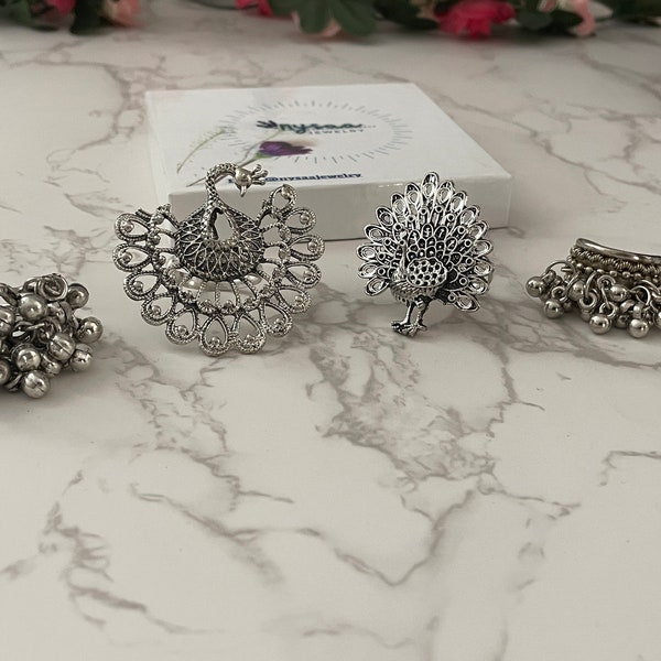 Big Oxidised peacock ring |Ghungaroo rings |Adjustable rings | Silver Oxidised big ring