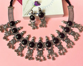 Oxidized Choker and Earring Set: Black Bead Navratri Jewelry