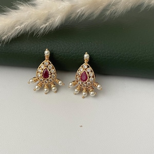 Maharashtrian Kudi Earrings: Ruby, Pearl & CZ Gold Plated Earrings