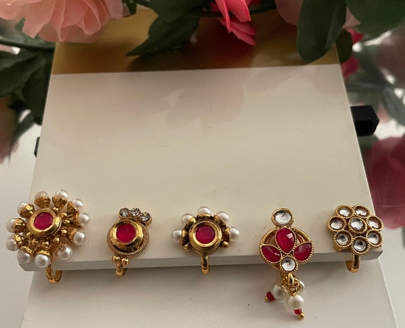 Beautiful gold plated clip on nose pins Gold plated pearl nose rings Traditional Indian nath Chamki Etsy