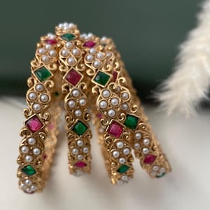 Yellow gold plated Maharastrian motyachya bangadya Pearl kemp stone bangles