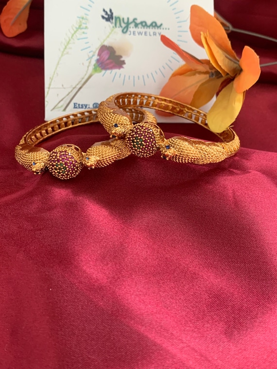 Gold Plated Indian Bangles: Ruby Green Minakari S… - image 2