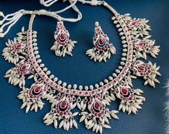 Kemp Silver Necklace Set: Ruby, Green & White Stone Earrings