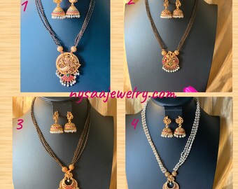 Gold plated temple themed mangalsutra, black beaded ethnic necklace with jhumkas, maala, haaram,long necklace
